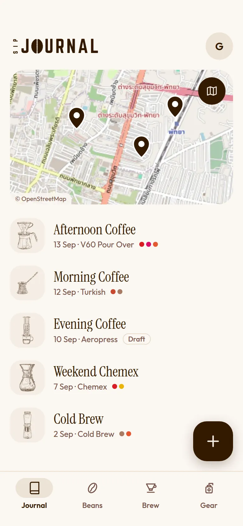 Mock-up of the journal home screen: a street map with three pins where coffees were logged, above a list of recent tastings.