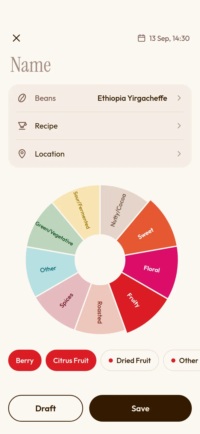 Mock-up of a new tasting: fields for beans, recipe and location above a flavour wheel with Fruity, Floral and Sweet picked, and Berry and Citrus Fruit chosen from the fruity notes.