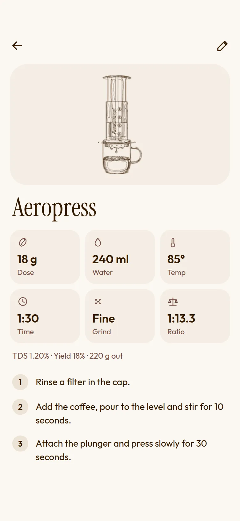 Mock-up of an AeroPress recipe: 18 g of coffee, 240 ml of water at 85 degrees, a fine grind, 1 minute 30 and a 1:13.3 ratio, followed by three steps.