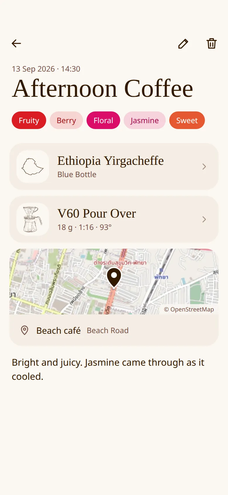 Mock-up of a saved tasting called Afternoon Coffee, showing its flavours, the bean, the recipe and the café where it was drunk.